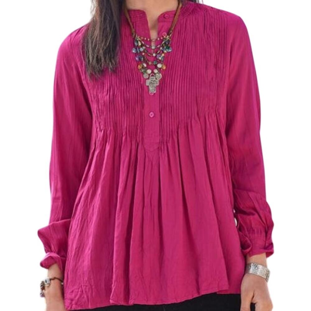 Sundance Mystic Falls Top 100% Rayon Pleated Top Button Detail Hi-Lo Hem Coral M